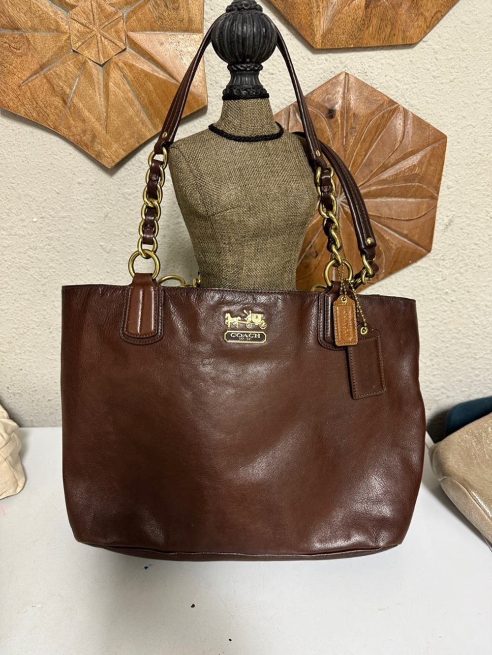 COACH Chocolate Brown Leather Tote with Gold-Tone Chain Straps